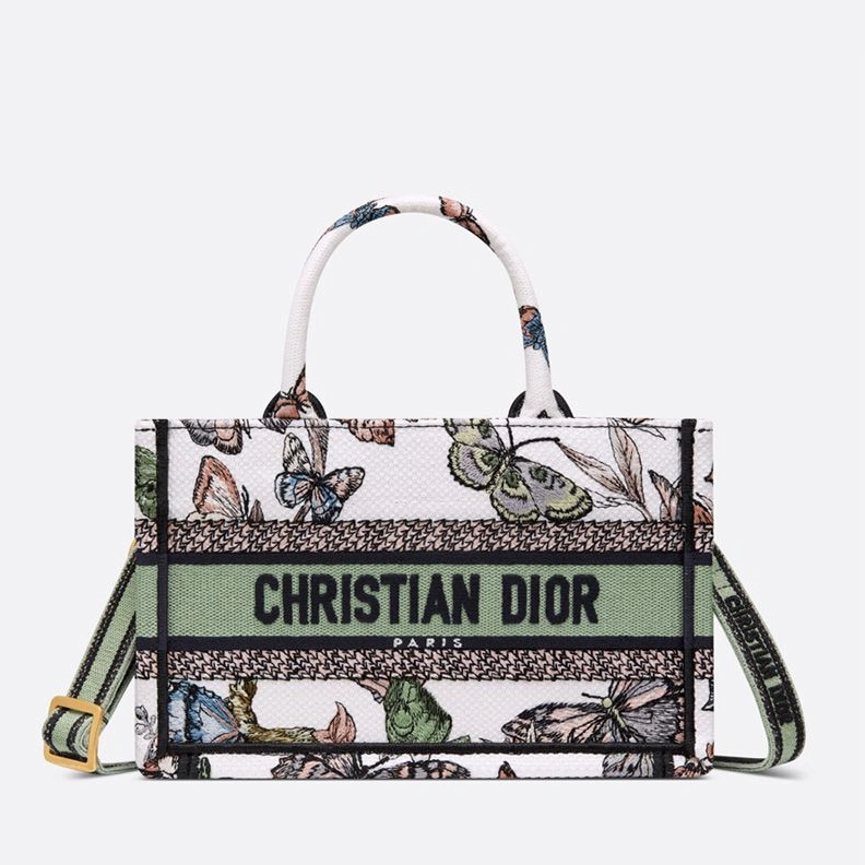 Mini Dior Book Tote with Strap In Toile de Jouy Mexico Motif Canvas White Green EasyMatch 6382