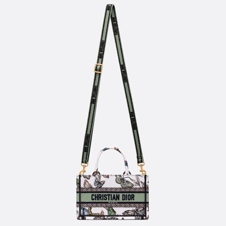 Mini Dior Book Tote with Strap In Toile de Jouy Mexico Motif Canvas White Green EasyMatch 6382
