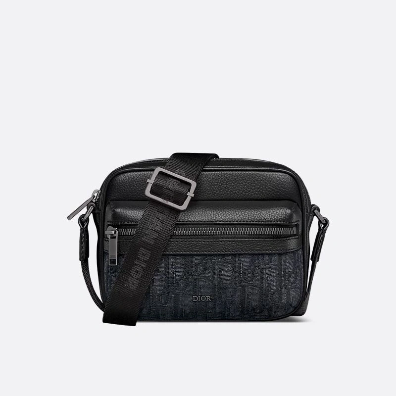 Mini Dior Rider 2.0 Zipped Messenger Bag In Grained Calfskin and Oblique Motif Canvas Black EasyMatch 9562