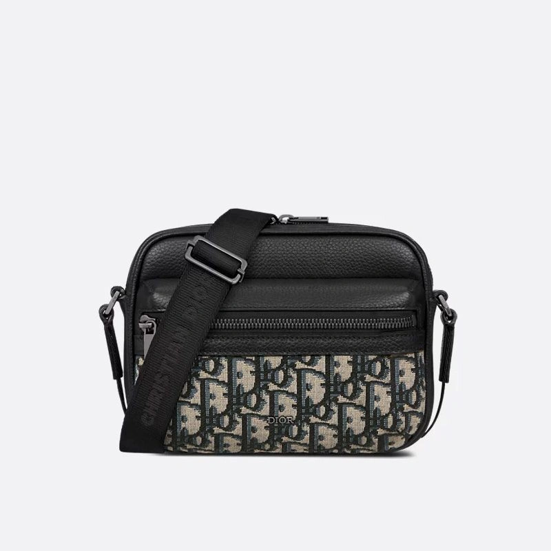 Mini Dior Rider 2.0 Zipped Messenger Bag In Grained Calfskin and Oblique Motif Canvas Black Blue WellDesigned 4296