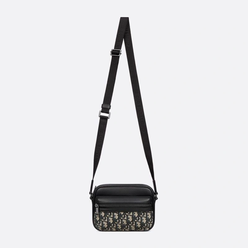 Mini Dior Rider 2.0 Zipped Messenger Bag In Grained Calfskin and Oblique Motif Canvas Black Blue WellDesigned 4296