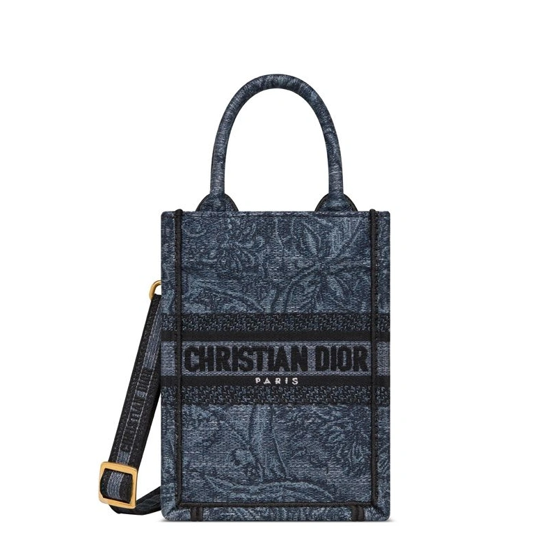 Mini Vertical Dior Book Tote with Strap In Toile De Jouy Motif Denim Navy Blue GoodFit 2701