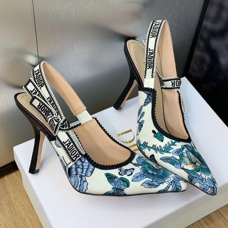 ModernLook 1237 J'Adior Slingback Pumps Women Toile de Jouy Mexico Motif Canvas White Blue