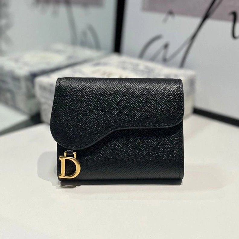 NewStyle 1624 Dior Saddle Trifold Wallet In Grained Calfskin Black