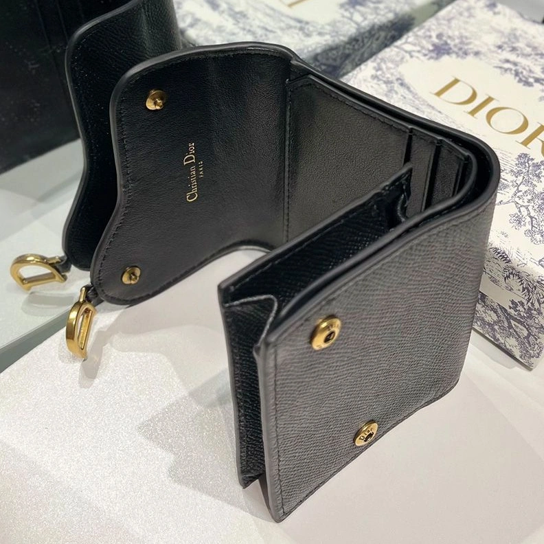 NewStyle 1624 Dior Saddle Trifold Wallet In Grained Calfskin Black