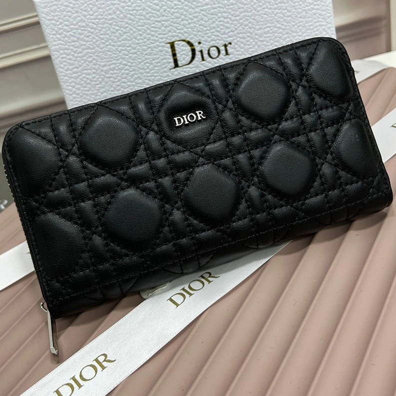 NewStyle 2171 Large Dior Zip Wallet Cannage Calfskin With Dior Icon Signature Black
