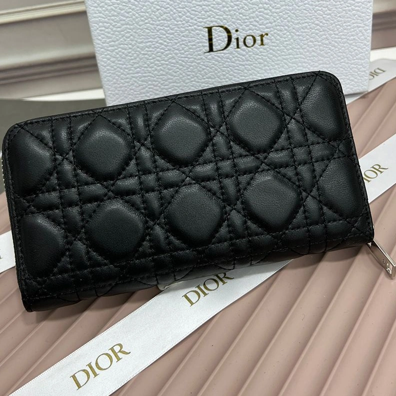 NewStyle 2171 Large Dior Zip Wallet Cannage Calfskin With Dior Icon Signature Black