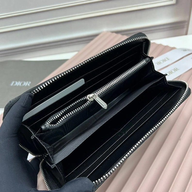 NewStyle 2171 Large Dior Zip Wallet Cannage Calfskin With Dior Icon Signature Black