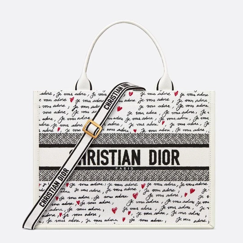 NewStyle 3699 Dior Book Tote with Strap In Dioramour Je Vous Adore Motif Canvas White