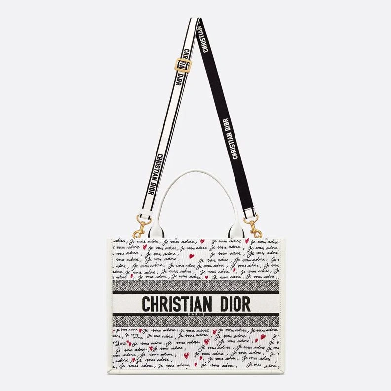 NewStyle 3699 Dior Book Tote with Strap In Dioramour Je Vous Adore Motif Canvas White