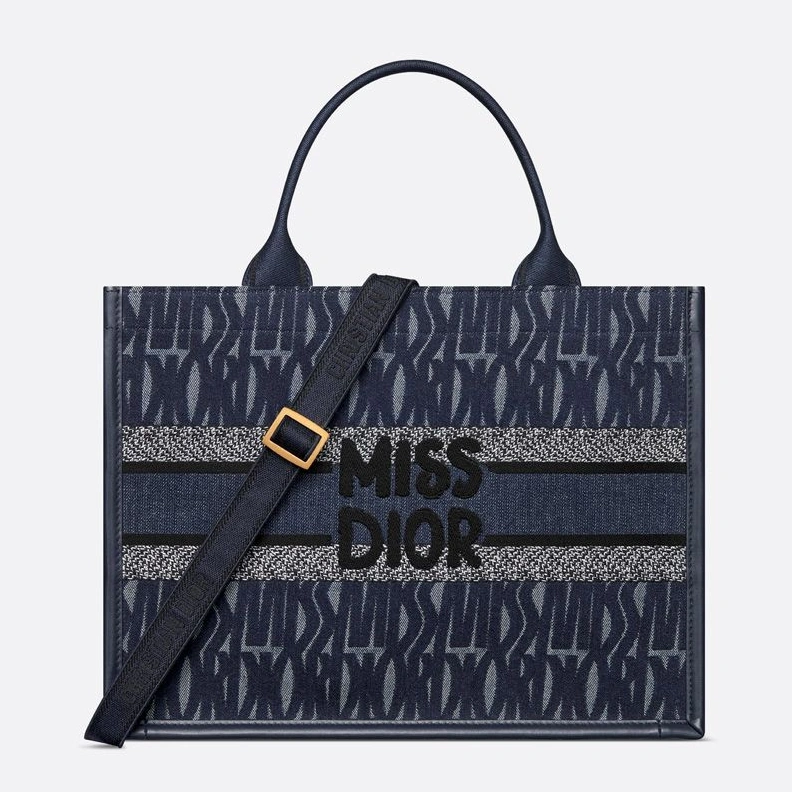 NewStyle 5297 Dior Book Tote with Strap In Miss Dior Allover Motif Denim and Calfskin Blue