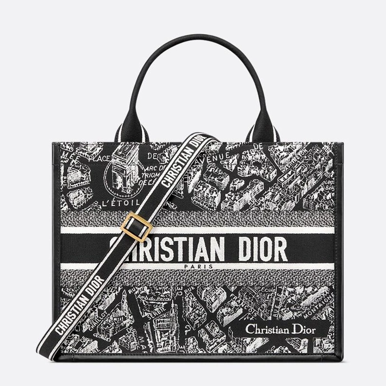 NewStyle 5945 Dior Book Tote with Strap In Plan de Paris Motif Canvas and Calfskin Black