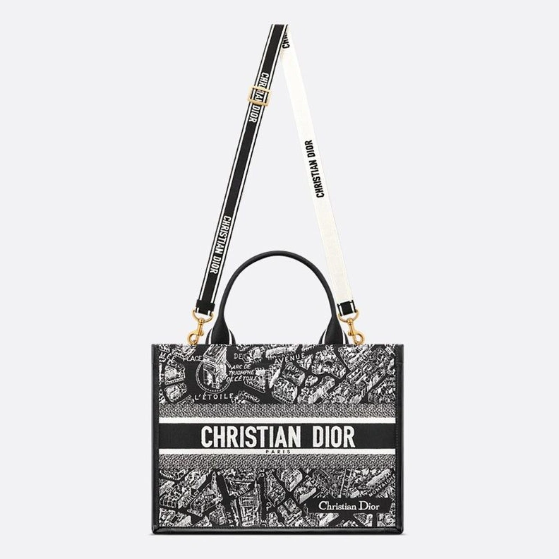 NewStyle 5945 Dior Book Tote with Strap In Plan de Paris Motif Canvas and Calfskin Black