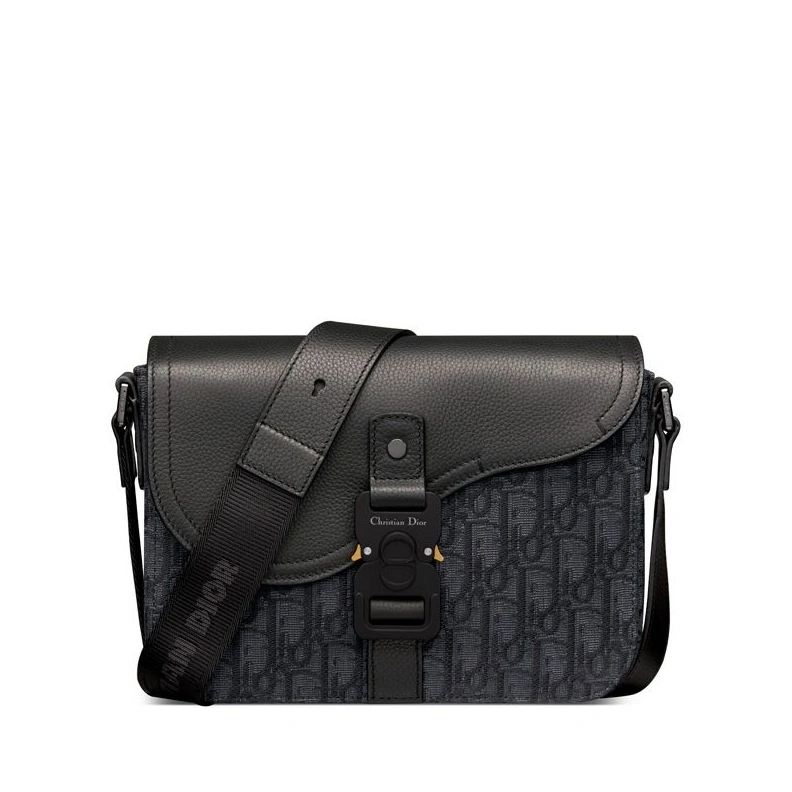 NewStyle 9411 Small Dior Saddle Flap Messenger In Oblique Motif Canvas and Grained Calfskin Black