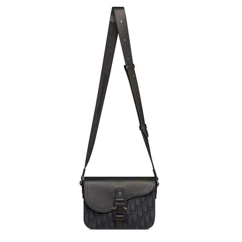 NewStyle 9411 Small Dior Saddle Flap Messenger In Oblique Motif Canvas and Grained Calfskin Black