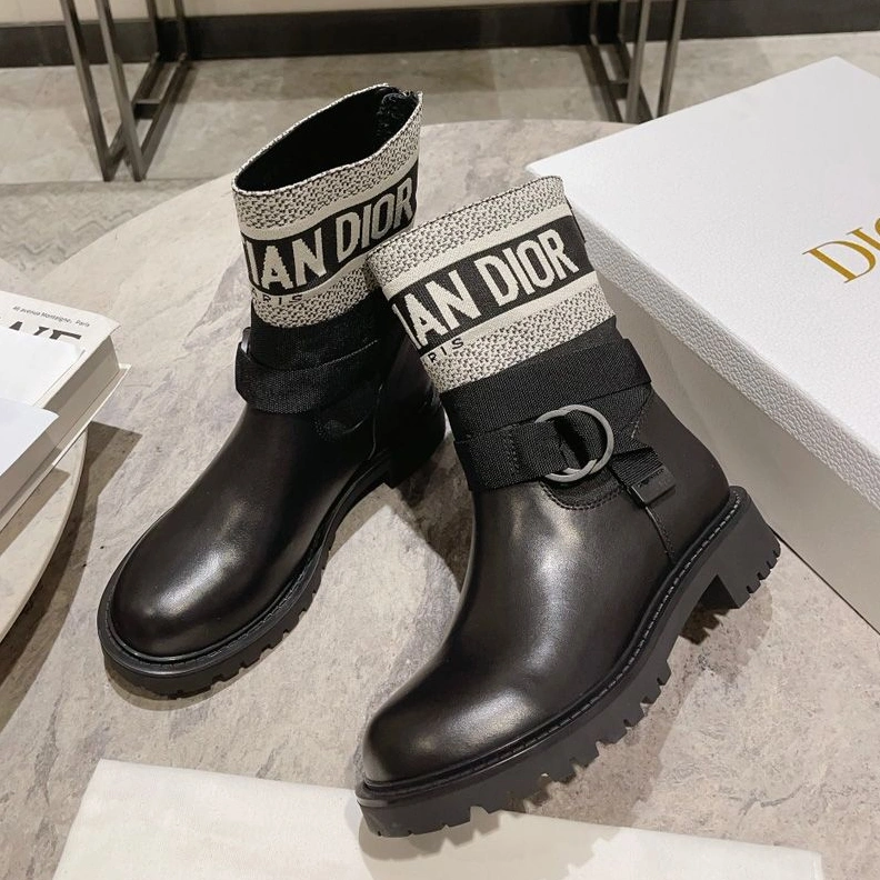 Popular 1757 Christian Dior D-Major Ankle Boots Women Technical Fabric and Calfskin Black White