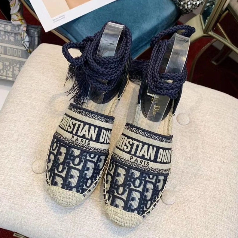 Popular 1988 Christian Dior Granville Espadrilles with Laces Women Oblique Motif Cotton Blue