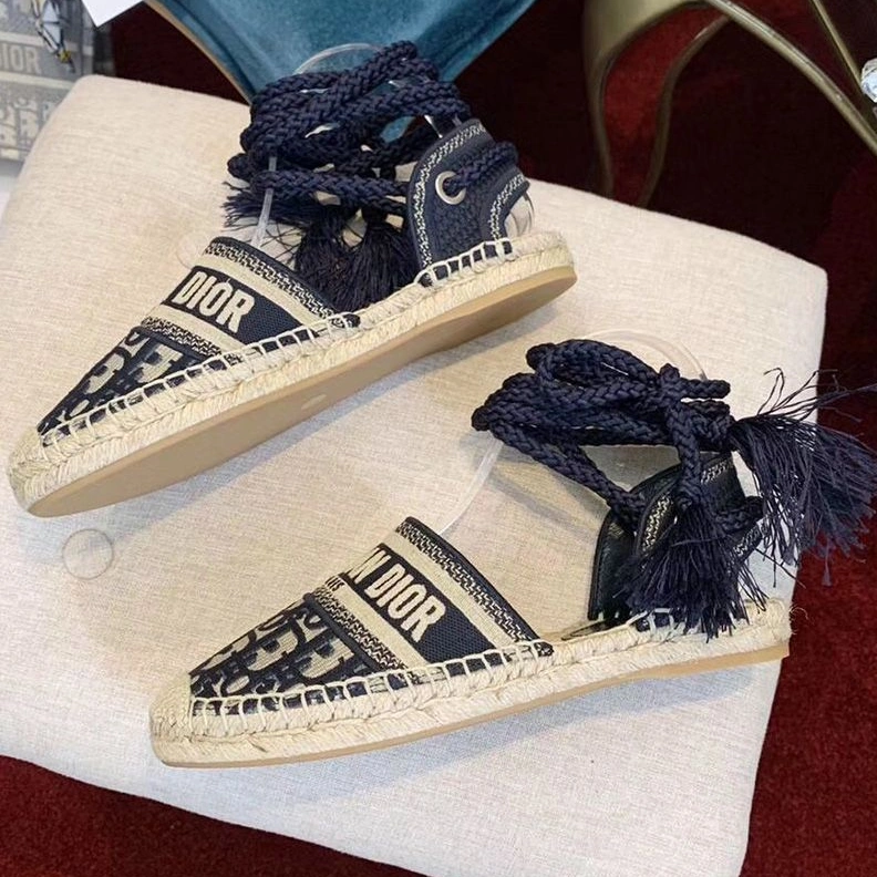 Popular 1988 Christian Dior Granville Espadrilles with Laces Women Oblique Motif Cotton Blue