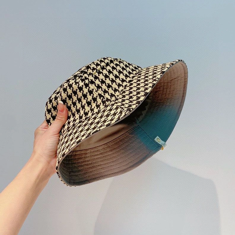 Popular 2502 Dior Reversible Bucket Hat Safety Pin Logo Houndstooth Motif Cotton Grey