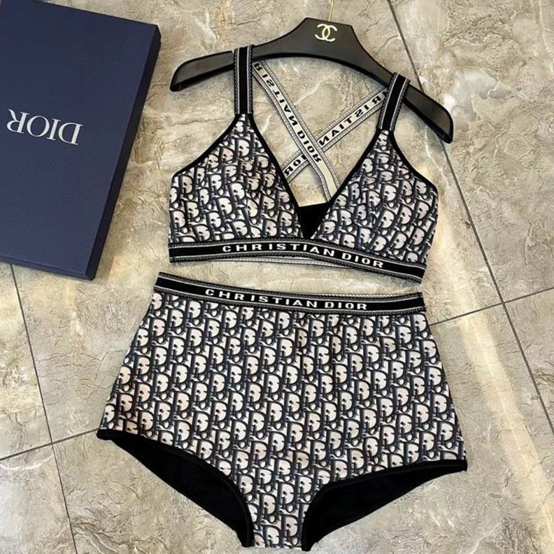 Popular 4795 Christian Dior High Waisted Crisscross Bikini Women Oblique Motif Lycra Black