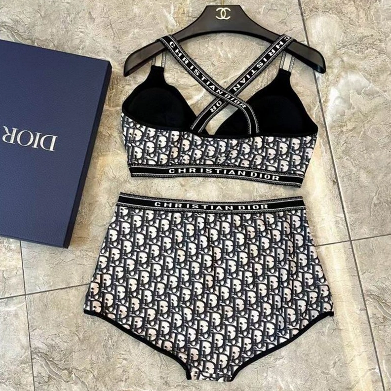 Popular 4795 Christian Dior High Waisted Crisscross Bikini Women Oblique Motif Lycra Black