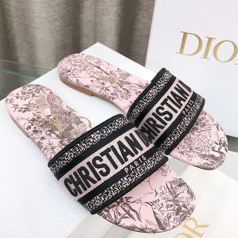 Popular 4936 Christian Dior Dway Slides Women Jardin d'Hiver Motif Canvas Pink