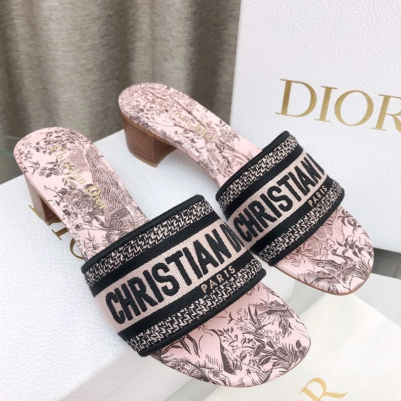 Popular 4936 Christian Dior Dway Slides Women Jardin d'Hiver Motif Canvas Pink