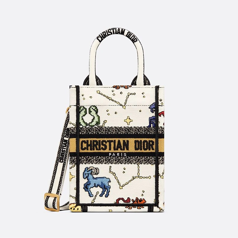 Popular 7609 Mini Vertical Dior Book Tote with Strap In Pixel Zodiac Motif Canvas White