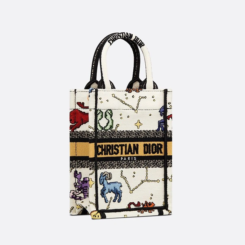 Popular 7609 Mini Vertical Dior Book Tote with Strap In Pixel Zodiac Motif Canvas White