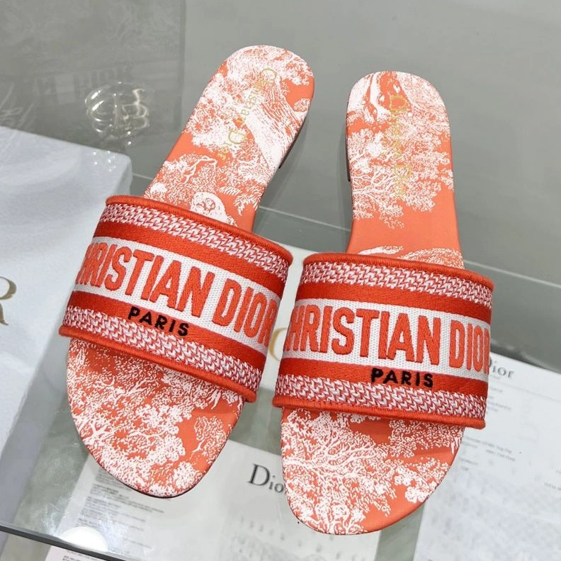 Popular 896 Christian Dior Dway Slides Women Toile De Jouy Motif Canvas Orange