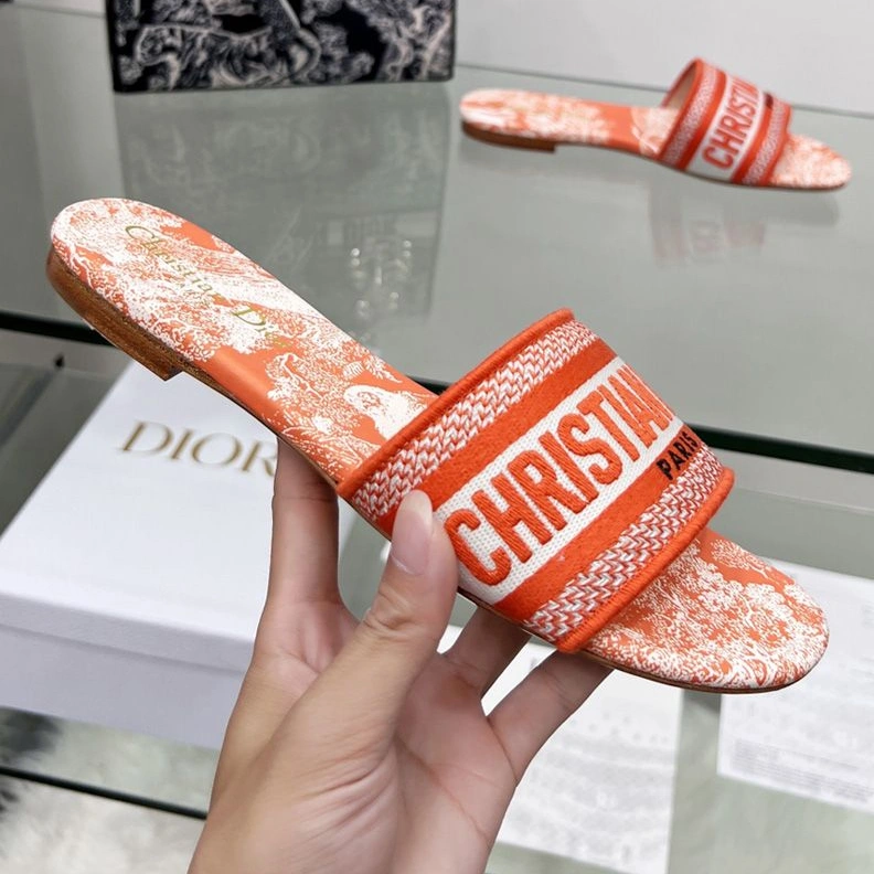 Popular 896 Christian Dior Dway Slides Women Toile De Jouy Motif Canvas Orange