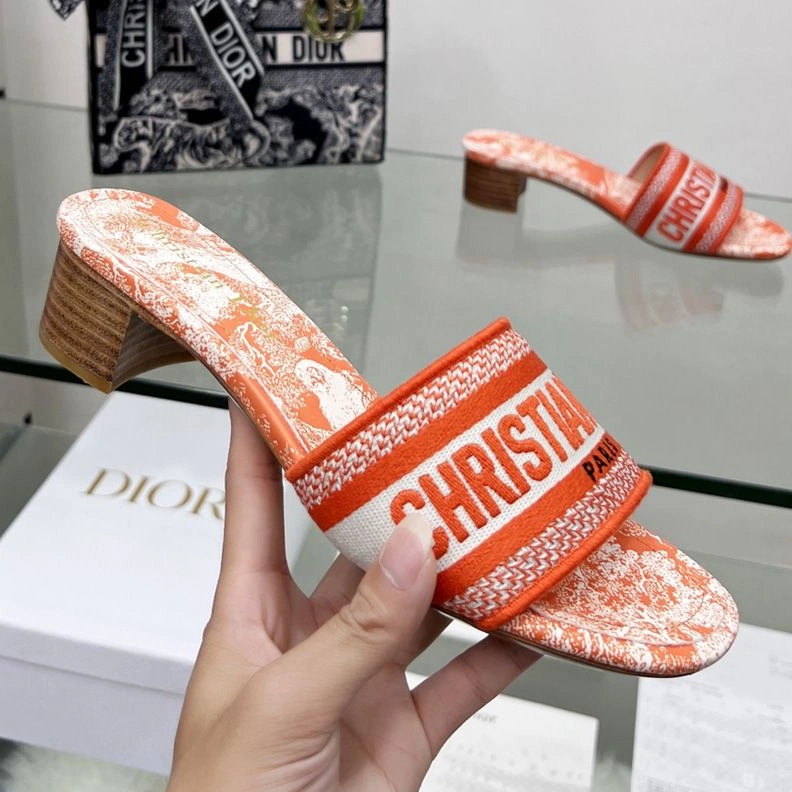Popular 896 Christian Dior Dway Slides Women Toile De Jouy Motif Canvas Orange