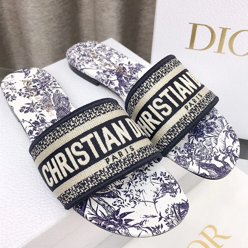 Popular 9210 Christian Dior Dway Slides Women Jardin d'Hiver Motif Canvas Blue