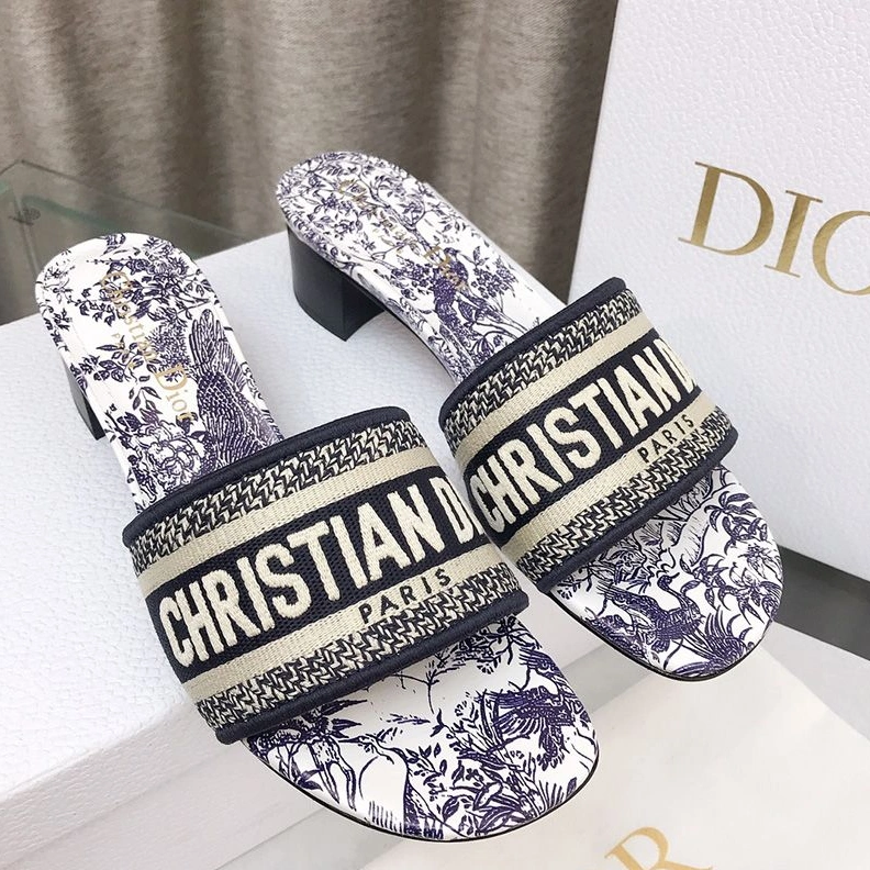 Popular 9210 Christian Dior Dway Slides Women Jardin d'Hiver Motif Canvas Blue