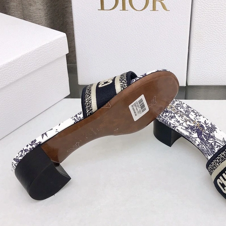Popular 9210 Christian Dior Dway Slides Women Jardin d'Hiver Motif Canvas Blue