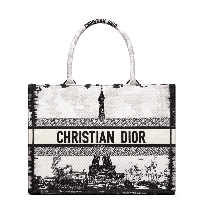 Popular 9411 Dior Book Tote In Paris Eiffel Tower Motif Canvas White