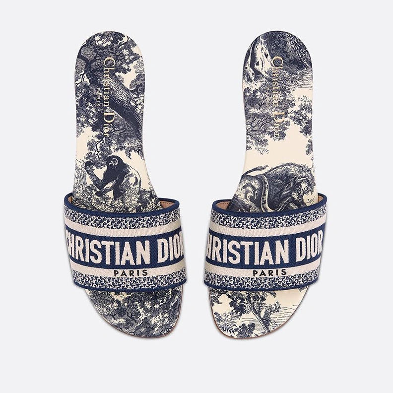 Popular 9692 Christian Dior Dway Slides Women Toile De Jouy Motif Canvas Blue