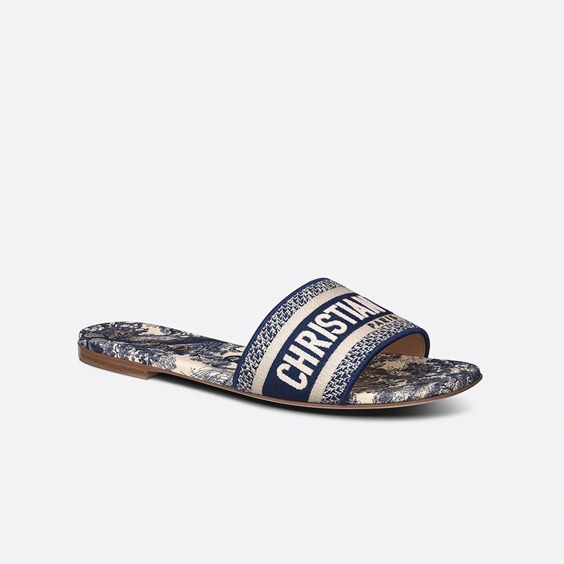 Popular 9692 Christian Dior Dway Slides Women Toile De Jouy Motif Canvas Blue