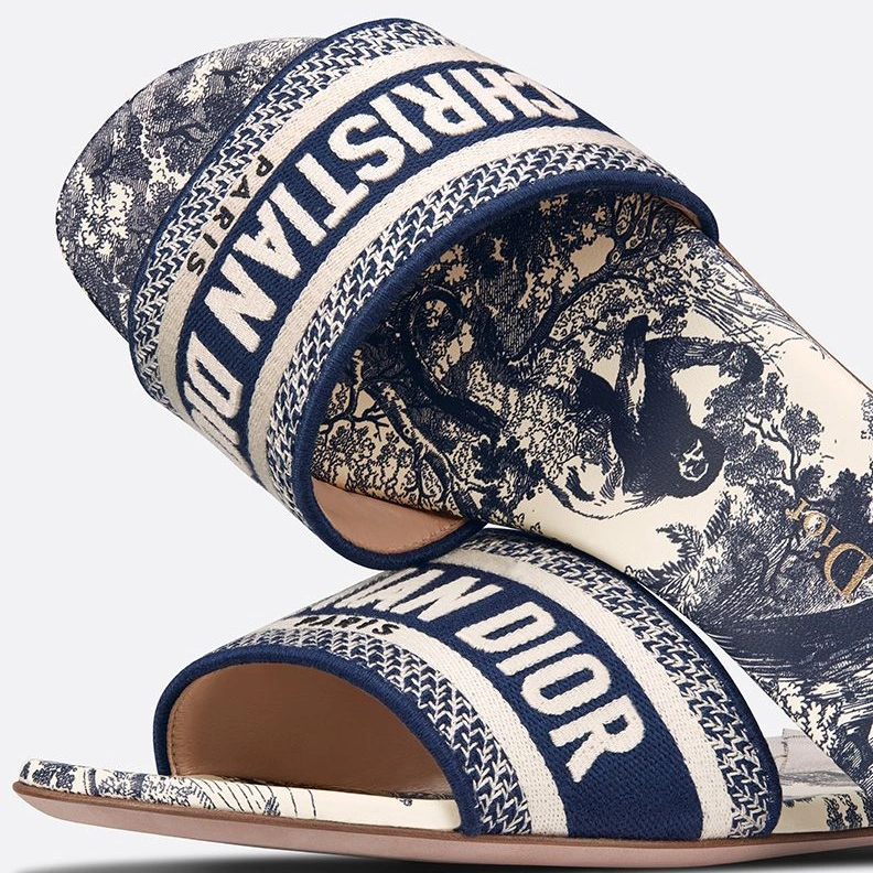 Popular 9692 Christian Dior Dway Slides Women Toile De Jouy Motif Canvas Blue