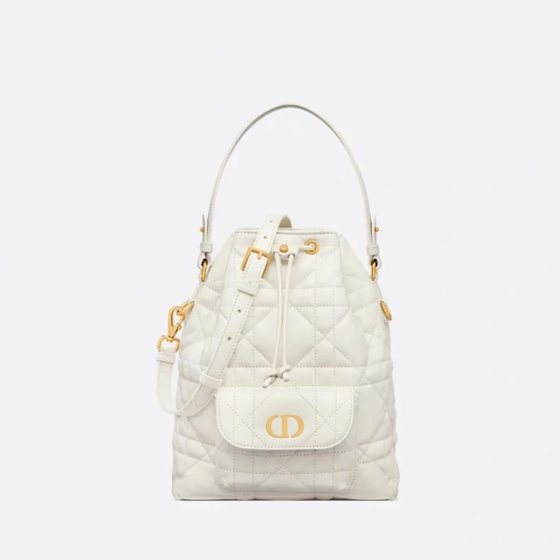 Small Dior Caro Bucket Bag In Macrocannage Lambskin White Fashionable 4125
