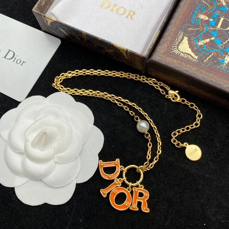 SmartChoice 3214 Diorevolution Necklace Metal, Orange Transparent Resin And White Resin Pearl Gold