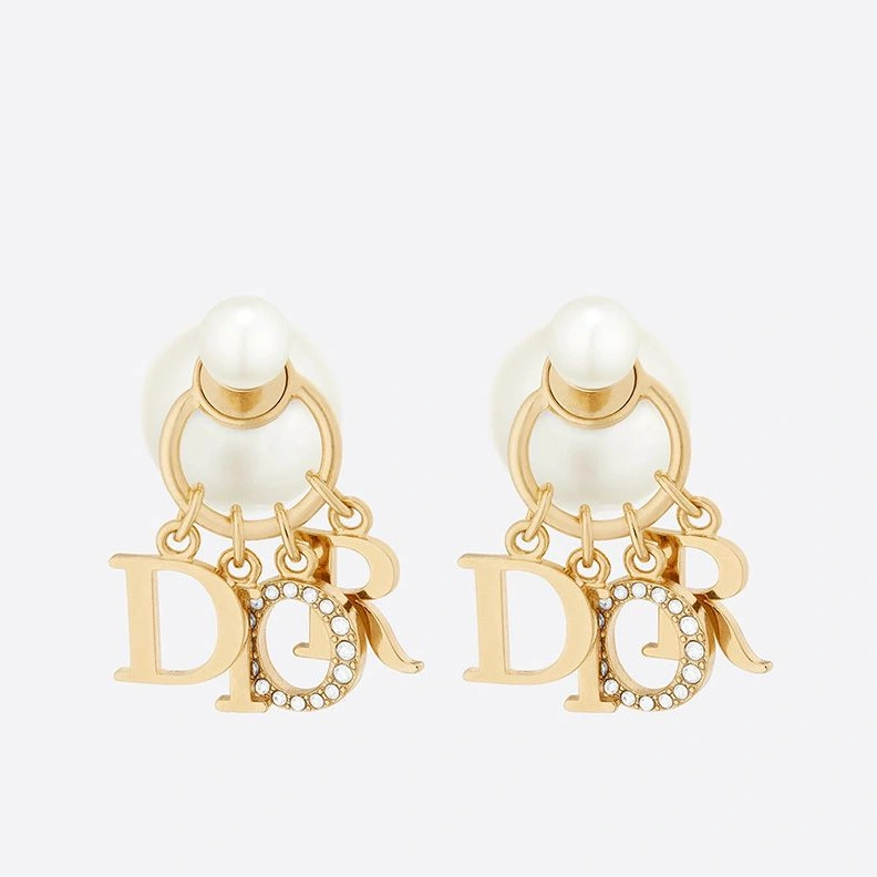 SmartChoice 4421 Dior Tribales Earrings Metal, White Resin Pearls and White Crystals Gold