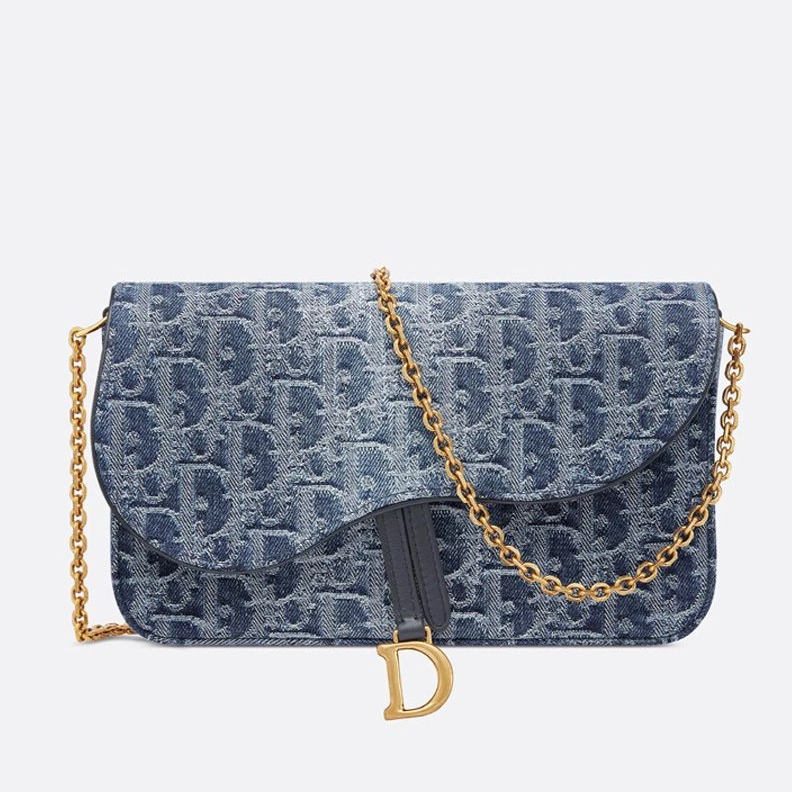 SmartChoice 602 Medium Dior Saddle Pouch with Chain In Oblique Motif Denim Blue