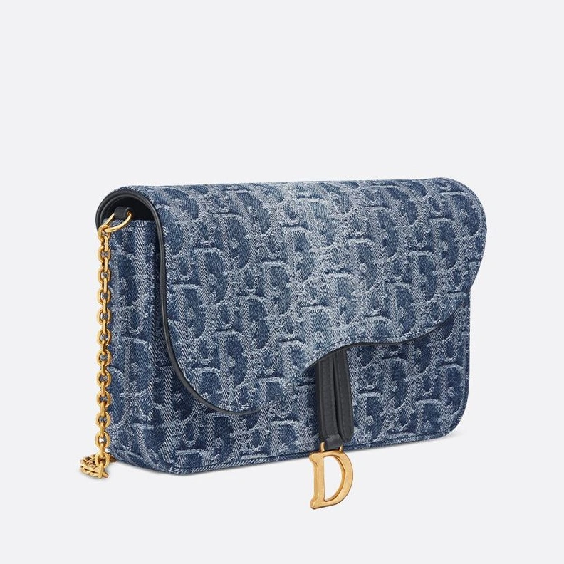 SmartChoice 602 Medium Dior Saddle Pouch with Chain In Oblique Motif Denim Blue