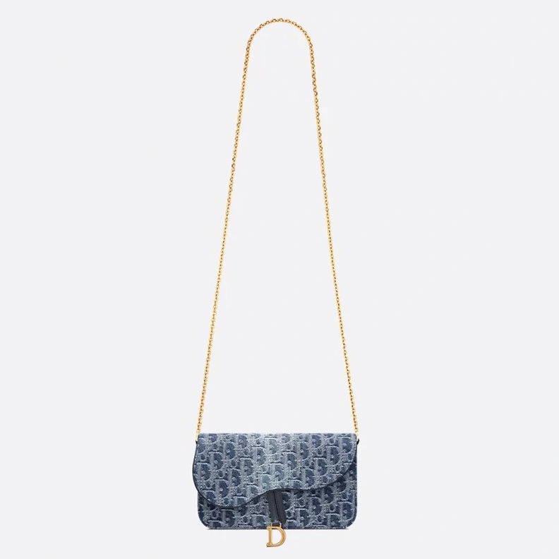 SmartChoice 602 Medium Dior Saddle Pouch with Chain In Oblique Motif Denim Blue