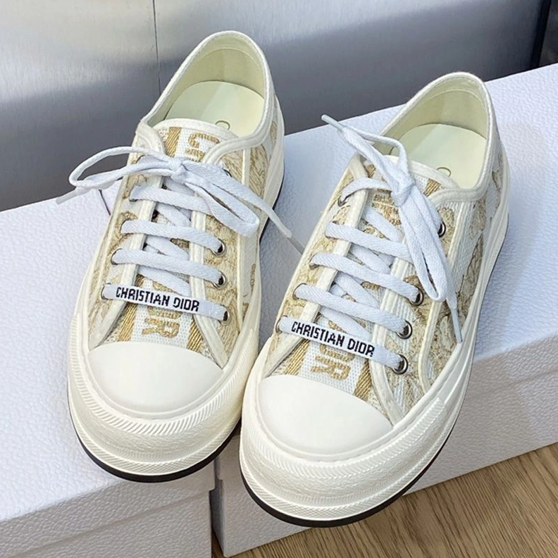 SmartChoice 8822 Walk'n'Dior Platform Sneakers Unisex Toile de Jouy Mexico Motif Canvas White Gold