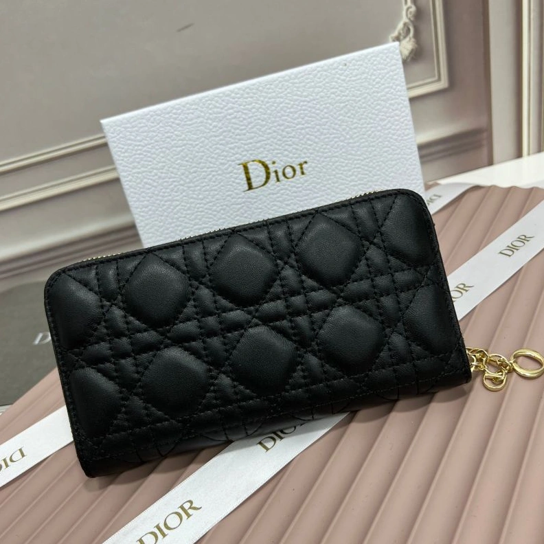 SportInspired 1105 Large Dior Zip Wallet Cannage Calfskin Black
