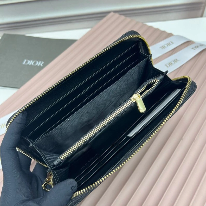 SportInspired 1105 Large Dior Zip Wallet Cannage Calfskin Black
