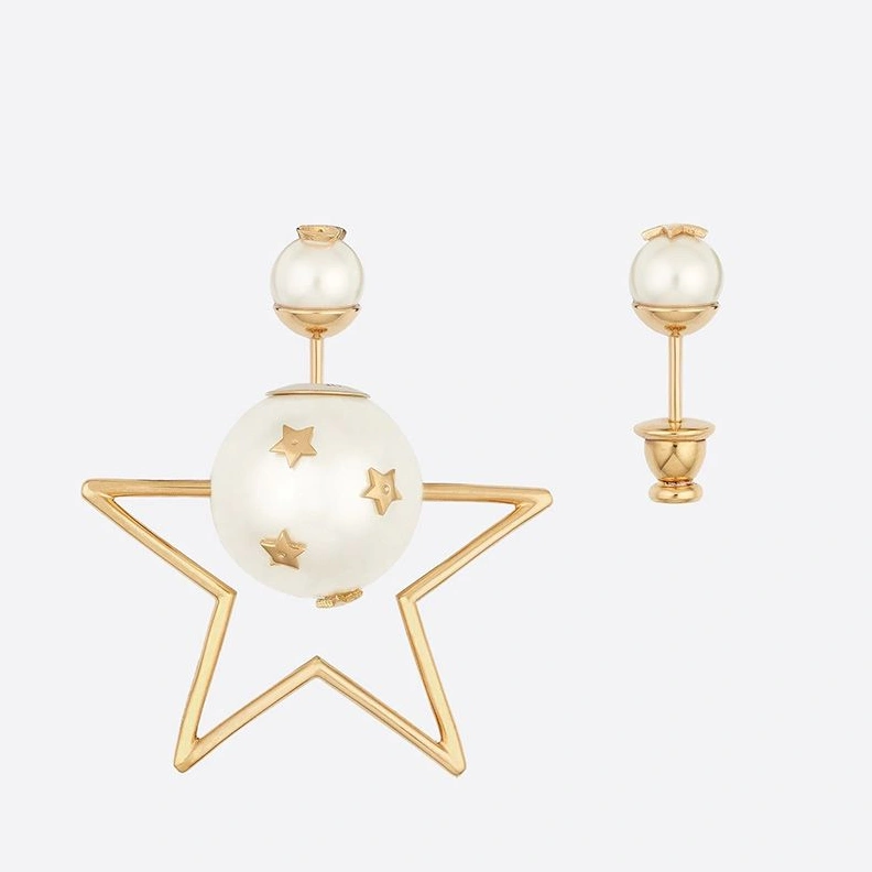 SportInspired 1976 Dior Tribales Earrings Metal and White Resin Pearls with a Star Gold