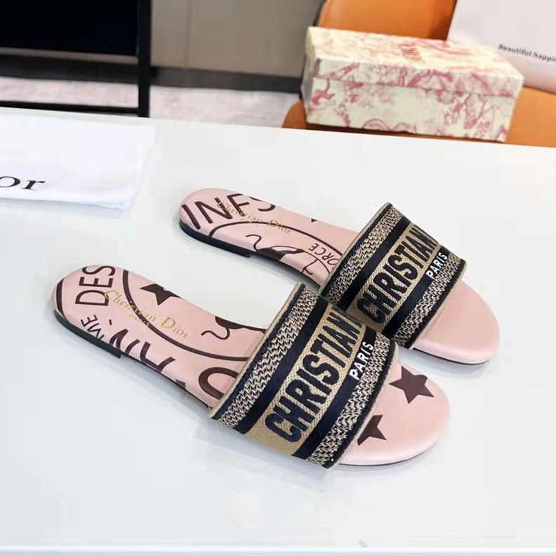 SportInspired 4589 Christian Dior Dway Slides Women Jute Motif Canvas Pink